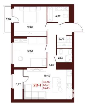 2-к квартира, вторичка, 65м2, 8/18 этаж