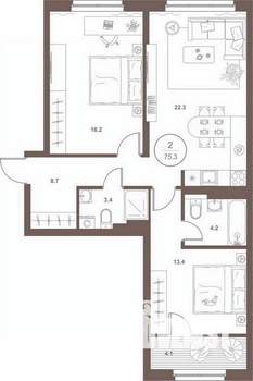 2-к квартира, вторичка, 74м2, 3/16 этаж