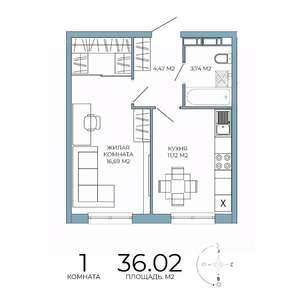 1-к квартира, строящийся дом, 36м2, 6/18 этаж