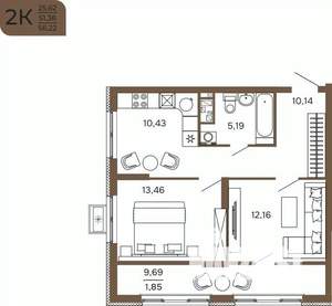 2-к квартира, вторичка, 56м2, 12/17 этаж