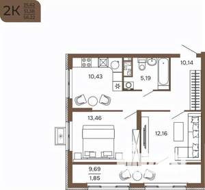 2-к квартира, вторичка, 56м2, 9/17 этаж