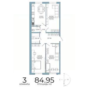 3-к квартира, строящийся дом, 85м2, 9/18 этаж