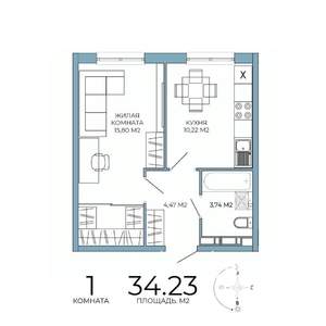 1-к квартира, строящийся дом, 34м2, 11/18 этаж