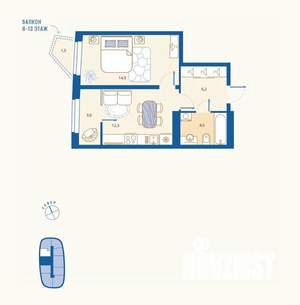 1-к квартира, вторичка, 42м2, 4/16 этаж