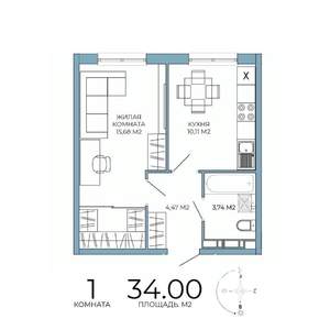 1-к квартира, строящийся дом, 34м2, 3/18 этаж