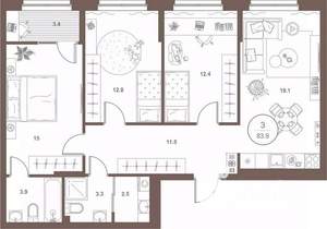 3-к квартира, вторичка, 84м2, 3/16 этаж