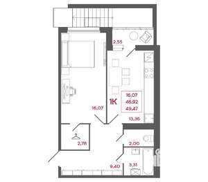 1-к квартира, вторичка, 49м2, 1/17 этаж