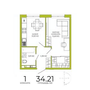 1-к квартира, строящийся дом, 34м2, 16/18 этаж