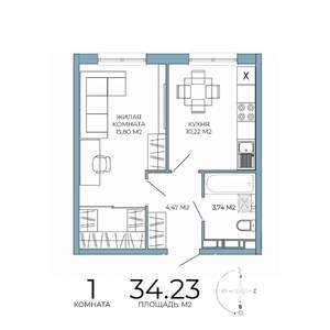 1-к квартира, строящийся дом, 34м2, 13/18 этаж