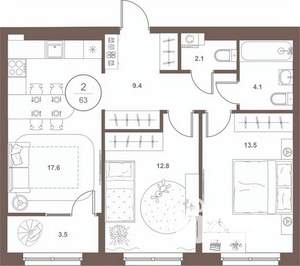 2-к квартира, вторичка, 63м2, 3/16 этаж