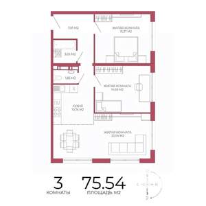 3-к квартира, строящийся дом, 76м2, 6/18 этаж