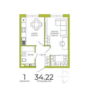 1-к квартира, строящийся дом, 34м2, 10/18 этаж