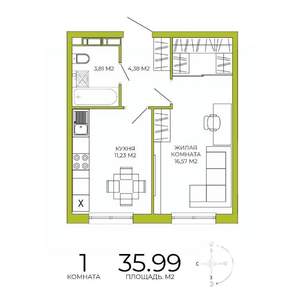 1-к квартира, строящийся дом, 36м2, 15/18 этаж