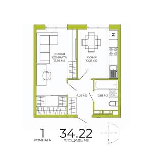 1-к квартира, строящийся дом, 34м2, 10/18 этаж