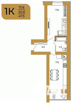 1-к квартира, вторичка, 48м2, 8/10 этаж