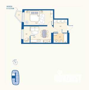1-к квартира, вторичка, 43м2, 11/16 этаж