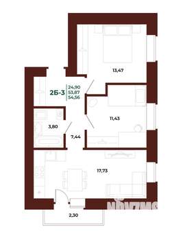2-к квартира, вторичка, 55м2, 7/17 этаж