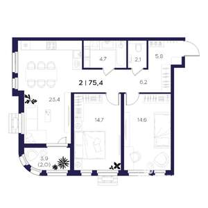 2-к квартира, вторичка, 75м2, 7/16 этаж