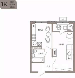 1-к квартира, вторичка, 42м2, 7/17 этаж