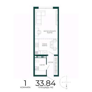 1-к квартира, строящийся дом, 34м2, 8/17 этаж
