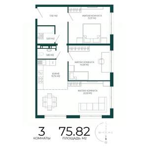 3-к квартира, строящийся дом, 76м2, 17/17 этаж