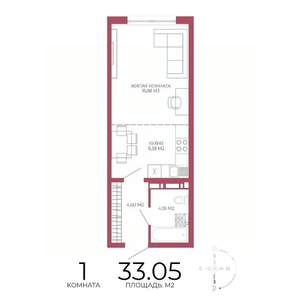 1-к квартира, строящийся дом, 33м2, 6/18 этаж