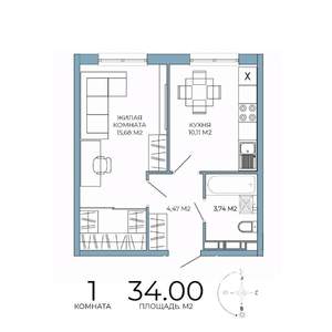 1-к квартира, строящийся дом, 34м2, 5/18 этаж