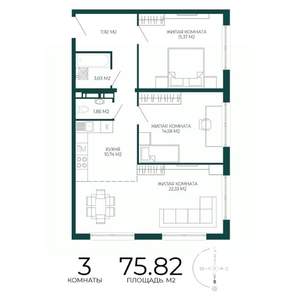 3-к квартира, строящийся дом, 76м2, 8/17 этаж