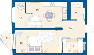 1-к квартира, вторичка, 48м2, 5/16 этаж