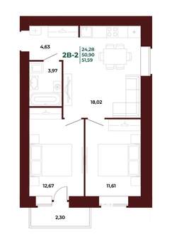 2-к квартира, вторичка, 52м2, 9/17 этаж