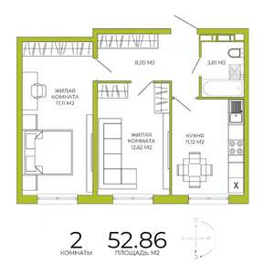 2-к квартира, строящийся дом, 53м2, 5/18 этаж