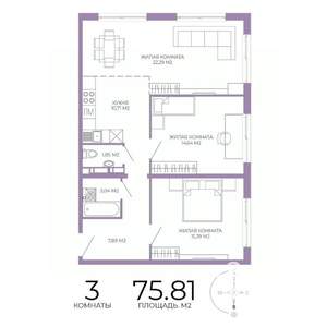3-к квартира, строящийся дом, 76м2, 7/17 этаж