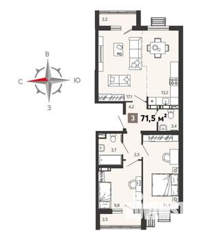 3-к квартира, вторичка, 72м2, 11/15 этаж
