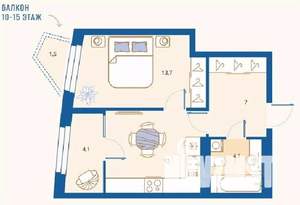 1-к квартира, вторичка, 42м2, 14/16 этаж
