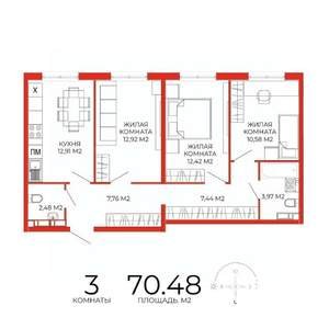 3-к квартира, строящийся дом, 70м2, 13/18 этаж