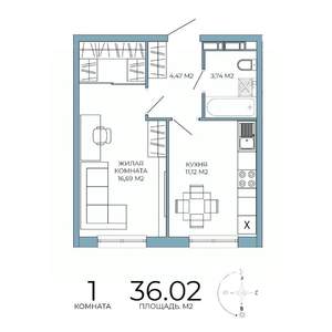 1-к квартира, строящийся дом, 36м2, 14/18 этаж