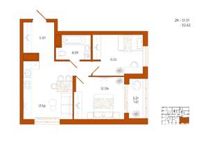 2-к квартира, вторичка, 53м2, 1/18 этаж