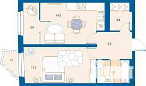 1-к квартира, вторичка, 49м2, 9/16 этаж