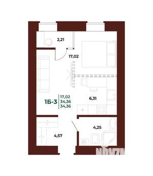 1-к квартира, вторичка, 34м2, 10/17 этаж