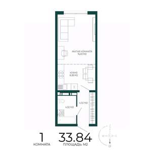 1-к квартира, строящийся дом, 34м2, 13/17 этаж