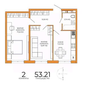 2-к квартира, строящийся дом, 53м2, 14/18 этаж