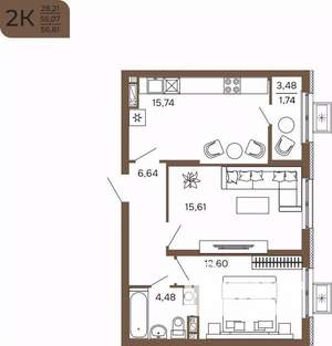 2-к квартира, вторичка, 57м2, 14/17 этаж