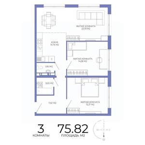 3-к квартира, строящийся дом, 76м2, 17/17 этаж