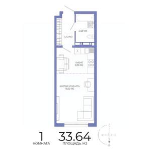 1-к квартира, строящийся дом, 34м2, 7/17 этаж