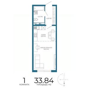 1-к квартира, строящийся дом, 34м2, 8/17 этаж
