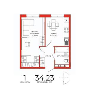 1-к квартира, строящийся дом, 34м2, 12/18 этаж
