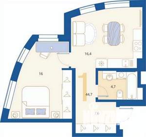 1-к квартира, вторичка, 45м2, 1/16 этаж