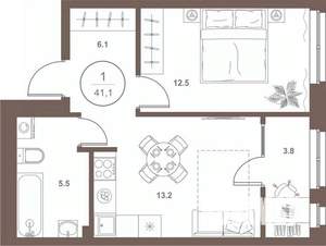 1-к квартира, вторичка, 41м2, 11/16 этаж