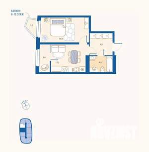1-к квартира, вторичка, 43м2, 12/16 этаж