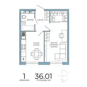1-к квартира, строящийся дом, 36м2, 6/18 этаж